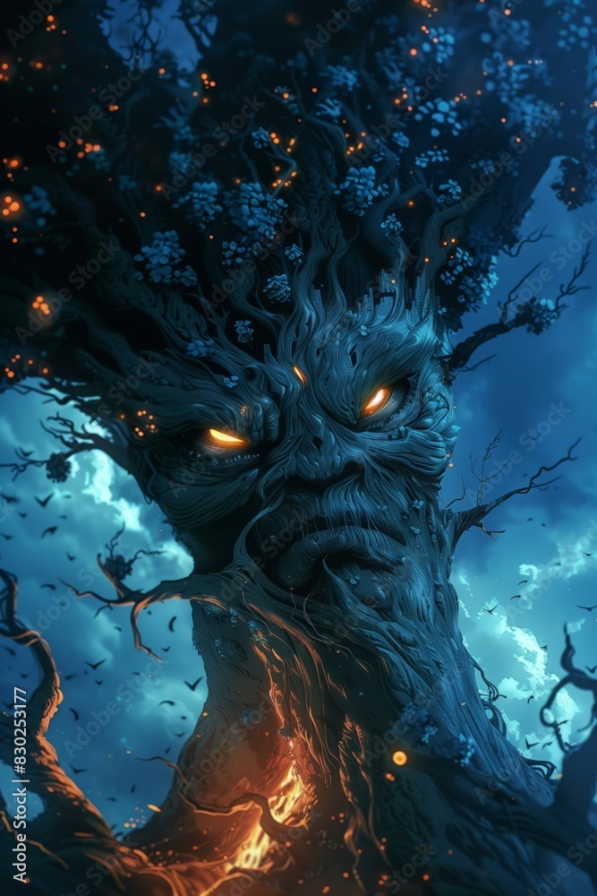 Angry ent, alive tree character stand on his roots on the mountain's top with scary fearful emotions on his face, close up portrait. Vertical illustration in cartoon style.
Angry ent, alive tree character stand on his roots on the mountain's top with scary fearful emotions on his face, close up portrait. Vertical illustration in cartoon style.