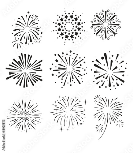 Set of hand drawn fireworks and sunbursts vector