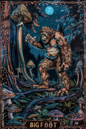 Bigfoot poster cryptid art. Sasquatch card illustration. Yowie artwork.