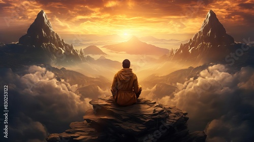 A person sitting cross-legged on a mountain peak at sunrise