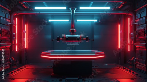 3D Rendering of sci fi pedestal in scientific laboratory with mechanical robot arms holder and neon glowing light. For technology product, crypto computer, cyber punk game or high tech background photo