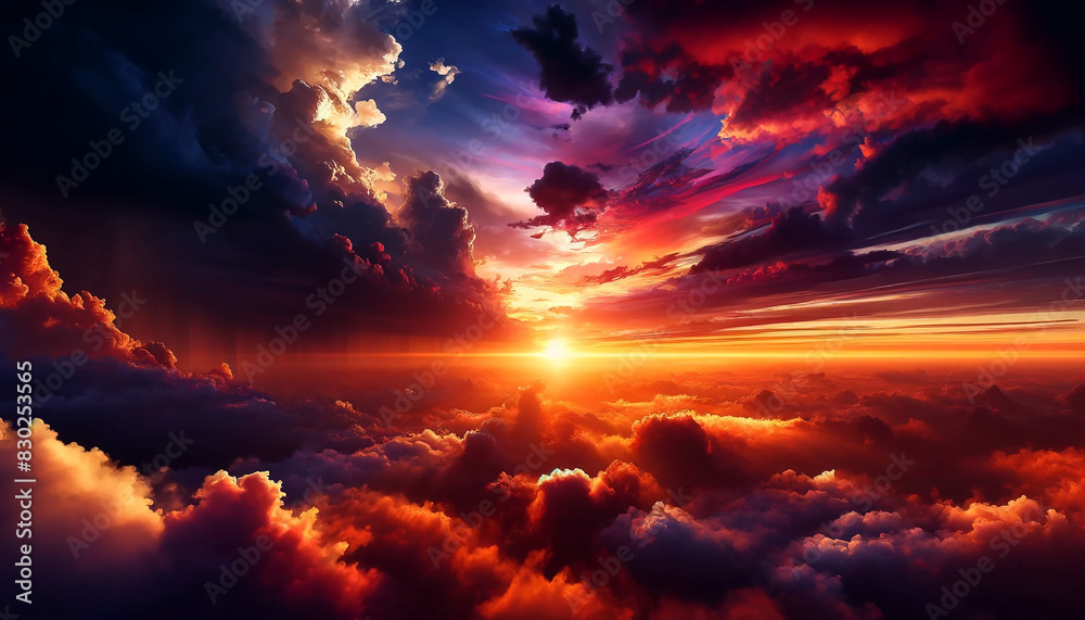 Obraz premium The sky is ablaze with dramatic hues of orange, red, and purple as the sun sets, casting a warm glow on the silhouetted landscape. Dark clouds add depth and intensity to the scene.