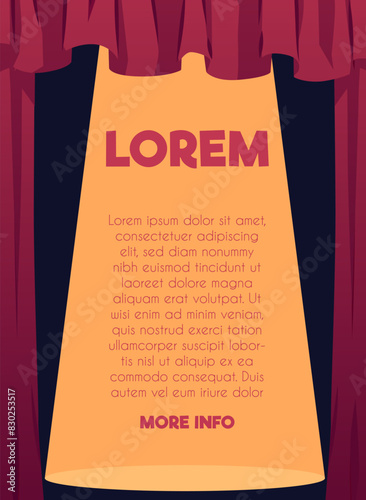 Theater curtain poster with spotlight light. Flat style.