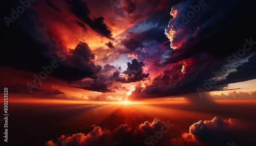 An awe-inspiring sunset with a sky painted in rich oranges, reds, and purples. Dark clouds provide striking contrast, while the sun's rays illuminate the scene with a golden light.