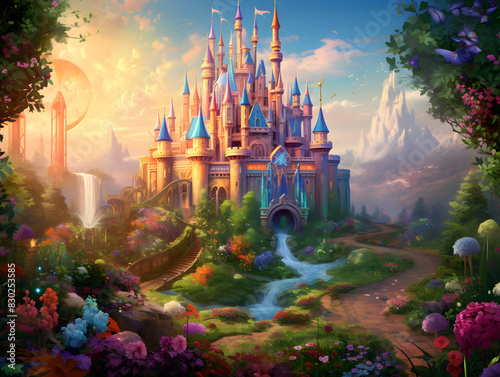 Illustration of whimsical castles nestled within lush  magical forests and colorful flora