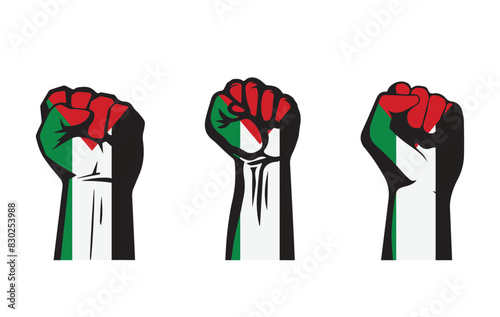 Set of fists with palestine flag isolated white background