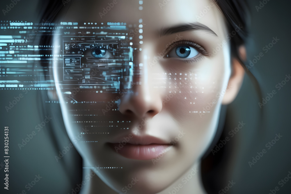 This image illustrates facial recognition technology with a face overlaid by digital scan data, exemplifying the fusion of biometric analysis in modern security systems.