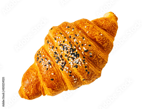 Photography Closeup of a fresh baked croissant with sesame topping on a white background