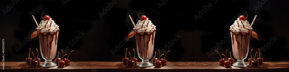 Three chocolate milkshakes with cherries on top