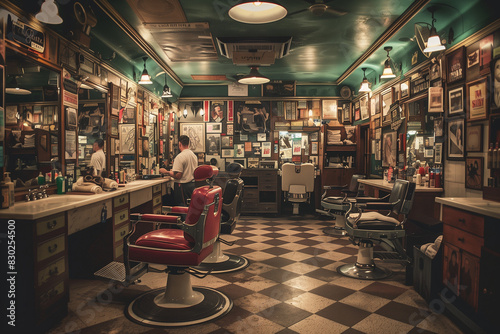 Retro Barber Shop Scene: Bustling with Activity, 1920s Grooming Culture
