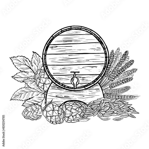 Wooden beer barrel, hops and malt. Black and white vector illustration, hand-made in the style of engraving. Great for bar or restaurant menus, labels, oktoberfest poster. For packaging and invitation