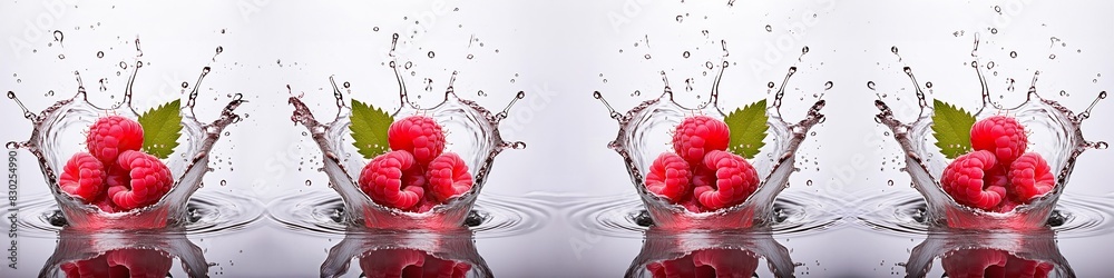 A splash of water with three red raspberries floating in it