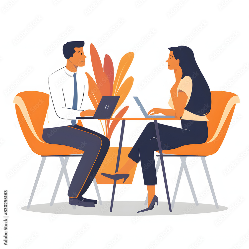 Human resources manager with laptop interviewing female applicant in office isolated on white background, minimalism, png
