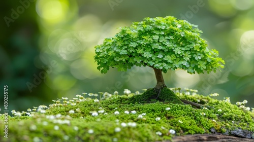  A small green tree sits atop a moss-covered rock, adorned with tiny white flowers Green leafy trees blur in the background