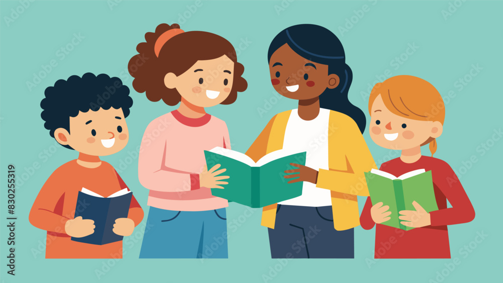 In a crossgrade collaboration fifthgrade students work with firstgraders to help them sound out words in a book providing support and encouragement along the way.. Vector illustration In a crossgrade collaboration fifthgrade students work with firstgraders to help them sound out words in a book providing support and encouragement along the way.. Vector illustration
