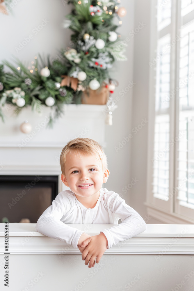 A cheerful boy in a bright white shirt, standing by a festive Christmas decoration with a big smile on his face