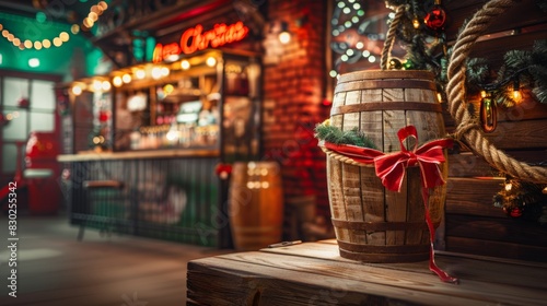 Rustic Christmas bar decorated with warm lights, a wooden barrel wrapped with a red bow, and festive greenery. The cozy ambiance is perfect for holiday gatherings and seasonal cheer.