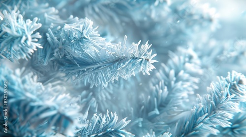 Close-up of frosted pine branches  creating a beautiful and serene winter scene. The ice crystals and soft blue tones evoke a sense of tranquility and cold  perfect for winter-themed designs.