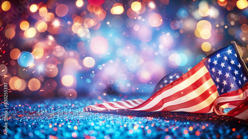 U.S. Flag on Bokeh Background, American Holiday Card, copy space