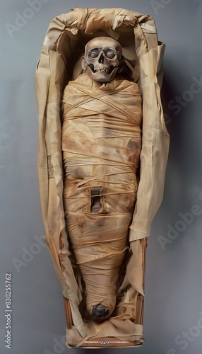 Ancient Mummified Skeleton Wrapped in Linen on Display photo