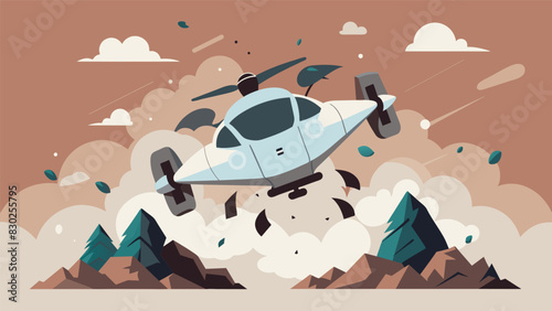 Amidst the excitement and commotion the eVTOL continued its ascent leaving behind a trail of dust and debris as it broke through the clouds.. Vector illustration