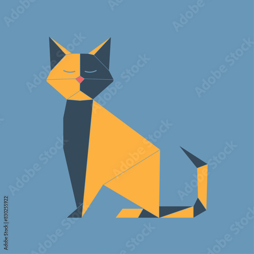 Cute cat origami sitting. Created with vector, to simulate folded paper. Childish, minimalist and colorful.