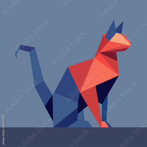 Cute cat origami sitting. Created with vector, to simulate folded paper. Childish, minimalist and colorful.