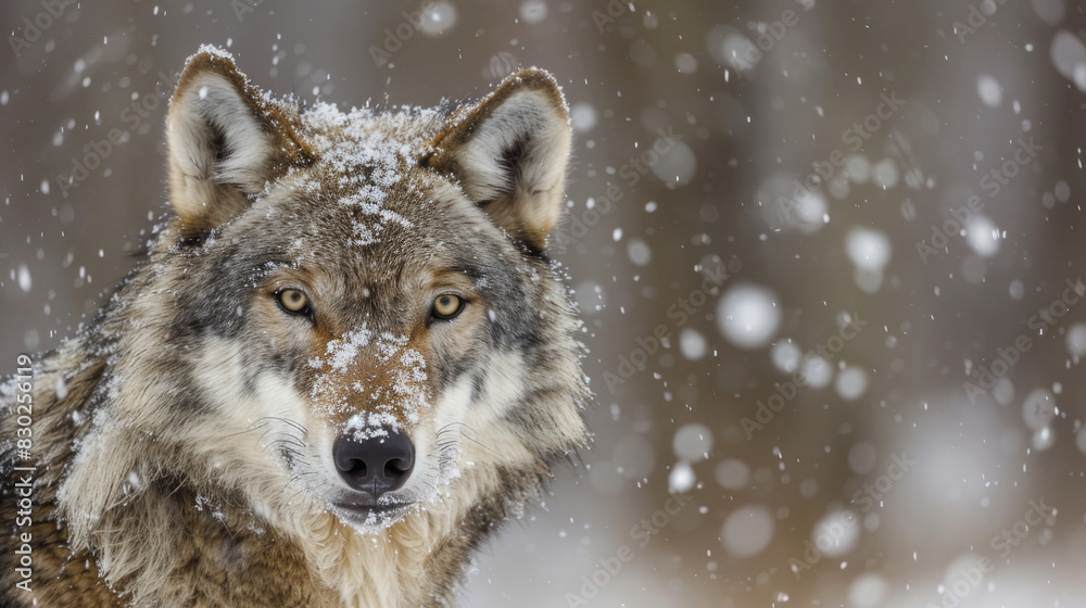 Obraz premium Close up portrait of a Gray wolf Canis lupus with snow on it s nose and snowflakes on it s fur Ely, Minnesota, United States of America 