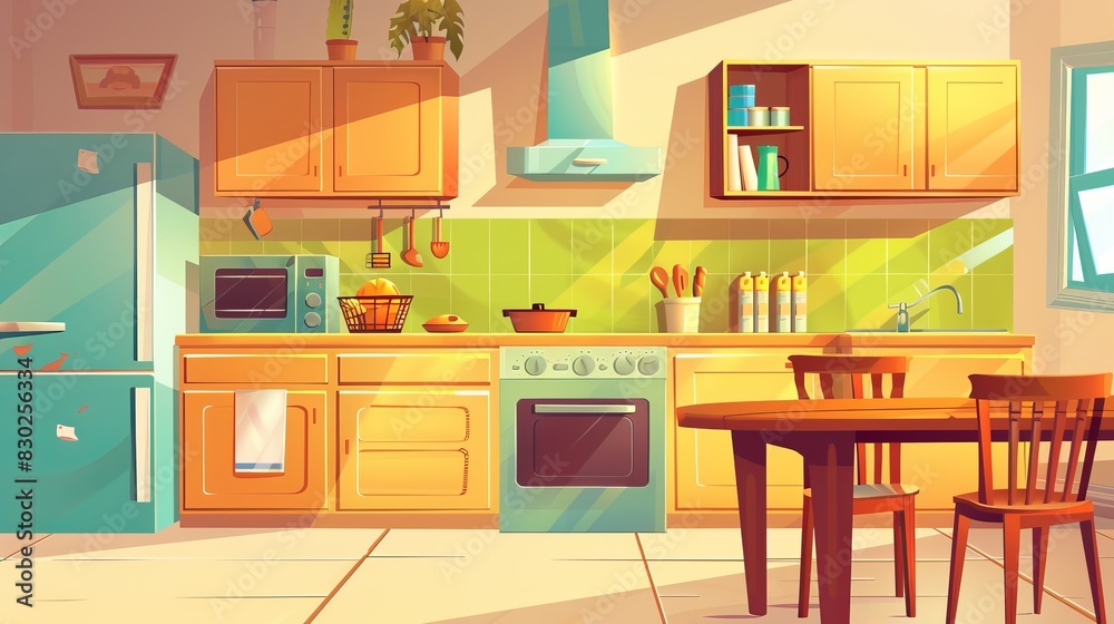 A vector cartoon-style illustration of a kitchen room, featuring a dining wooden table, fridge, oven with a stove and hob, sink, cabinets, and an extractor hood