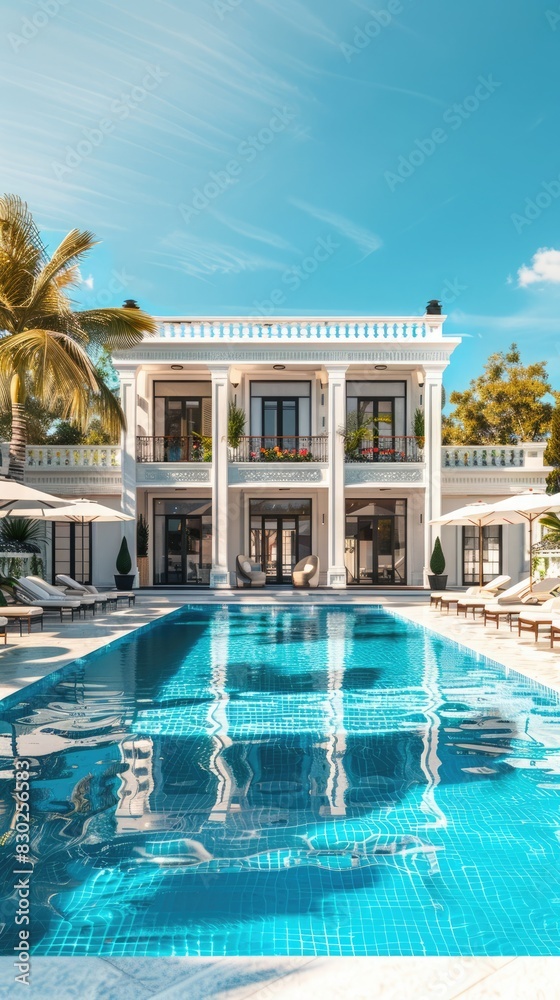 Opulent two-story luxury villa with expansive blue pool, sun loungers, and umbrellas. Luxury villa with swimming pool