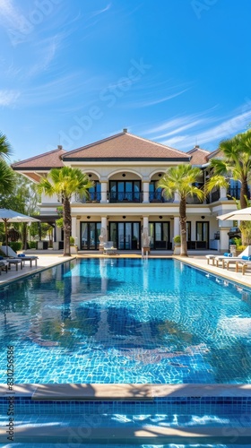 Opulent two-story villa with spacious blue pool, surrounded by sun loungers and parasols. Luxury villa with swimming pool