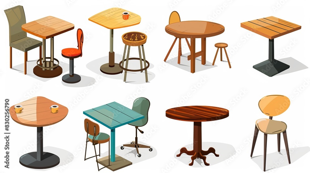 Cartoon-style tables, including wooden, metal, and glass pieces for cafe and home decor. This set features dining kitchen desks and restaurant and coffee tables in a vector illustration format Cartoon-style tables, including wooden, metal, and glass pieces for cafe and home decor. This set features dining kitchen desks and restaurant and coffee tables in a vector illustration format