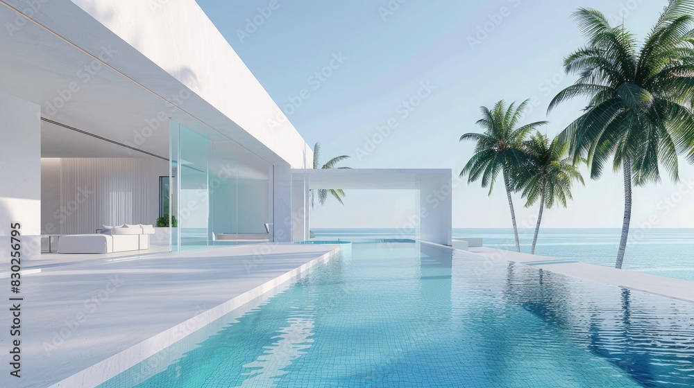 Fototapeta premium Luxurious white villa with indoor-outdoor pool and palm trees. Luxury villa with swimming pool