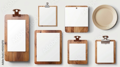 A vector set of realistic 3D blank A4 vertical paper sheets and cards on wooden holders, including stand icons, designed as templates for mockups, menus, and booklets