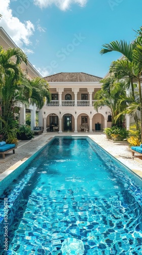 Majestic villa with large central swimming pool, exotic plants, and relaxation spaces. Luxury villa with swimming pool