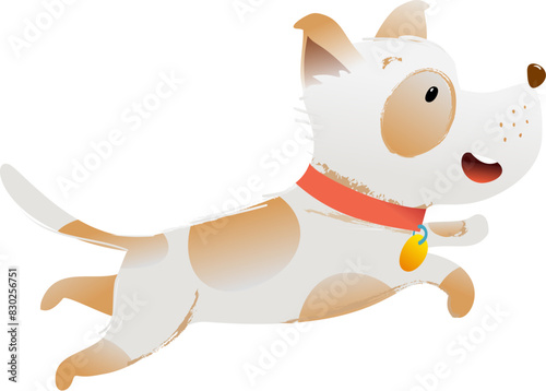 Cute little puppy dog running and jumping, happy joyful pup. Adorable domestic animal, playful character design for kids. Hand drawn vector clip art cartoon illustration in watercolor style.