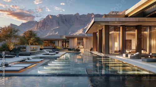 Expansive poolside of grandiose luxury residence with water features and mountain backdrop. Luxury villa with swimming pool