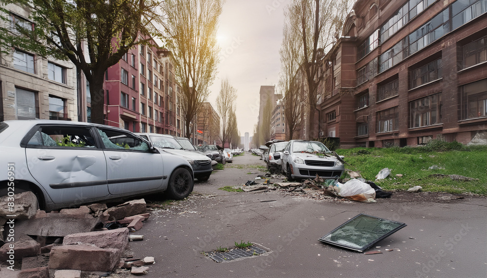 Destroyed, post-apocalyptic street in a European city. Empty streets with no people, abandoned cars with broken windows , covered with dust, rubble strewn on the ground and dilapidated buildings.