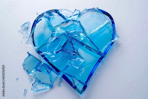 Broken heart shape in blue glass. Loneliness  Broken love  divorce  couple breakup concept