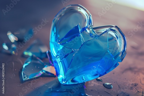 Broken heart shape in blue glass. Loneliness  Broken love  divorce  couple breakup concept