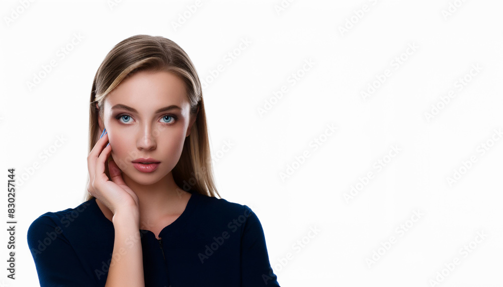 Beautiful young blonde female model, with striking blue eyes, posing with hand touching face, isolated on a white background with copy space. Beauty and cosmetics concept. Beautiful young blonde female model, with striking blue eyes, posing with hand touching face, isolated on a white background with copy space. Beauty and cosmetics concept.