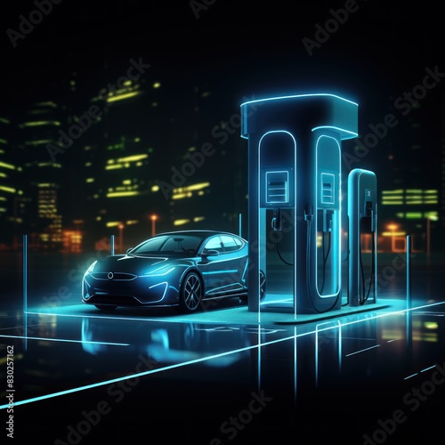 Neon glowing Futuristic electric car 3d illustration. Modern Electric Vehicle with neon lights. Electric Vehicle. Futuristic electric car. Electric cars of the future, 3d illustration. Neon car.   © John Martin
