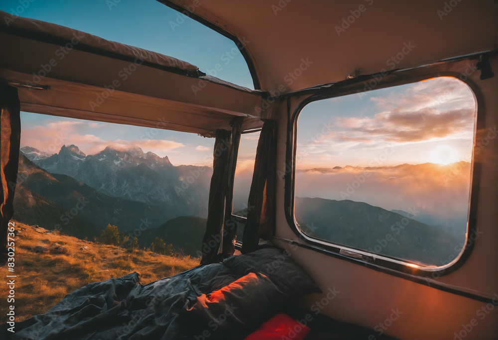 Fototapeta premium View from caravan inside on landscape mountain nature.