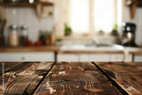 Grunge natural wooden table top with copy space for product advertising over blurred kitchen interior background at home