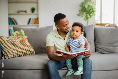 Happy African American father and son reading a book together on sofa at home. Childhood education and fatherhood concept.