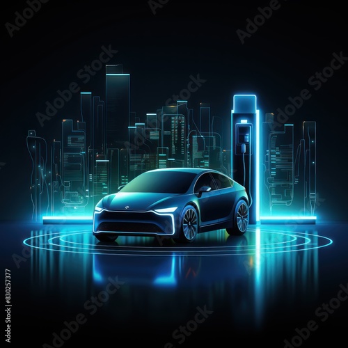 Neon glowing Futuristic electric car 3d illustration. Modern Electric Vehicle with neon lights. Electric Vehicle. Futuristic electric car. Electric cars of the future, 3d illustration. Neon car. 