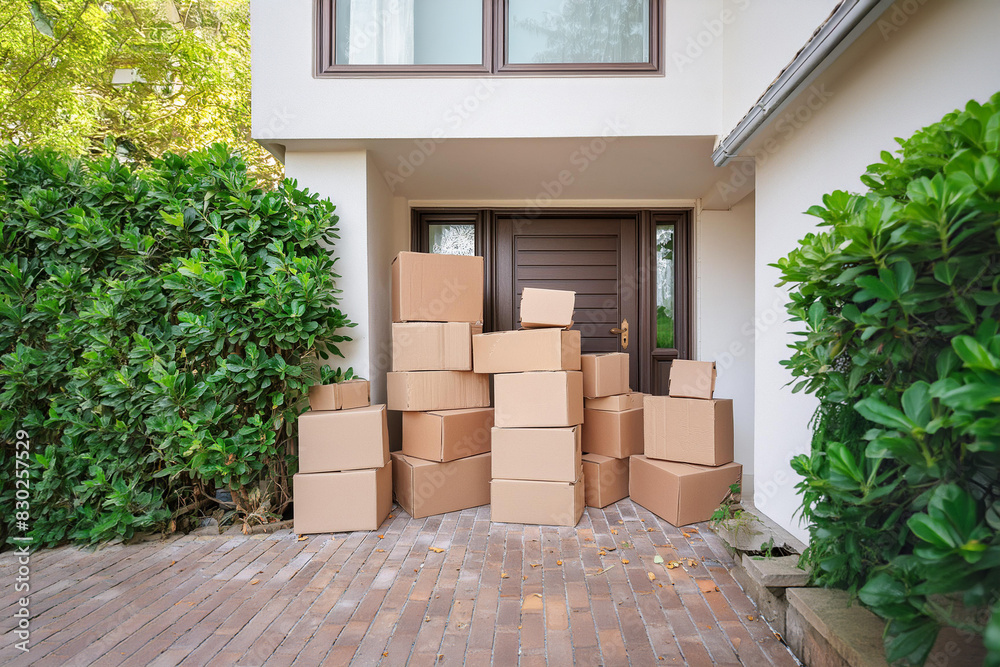 Massive pile of boxes on porch outside the front door of a home after out of control online shopping spree, blocking the door. Shopping addiction concept. Massive pile of boxes on porch outside the front door of a home after out of control online shopping spree, blocking the door. Shopping addiction concept.