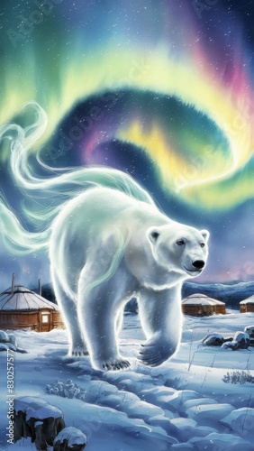 A ghostly spirit of a polar bear with a soft glowing aura. The bear gracefully walks through the settlement  the northern lights dancing across the sky.