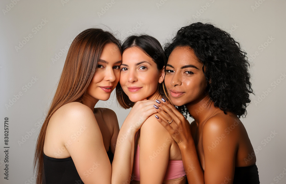 Three young, diverse, beautiful female models, posing together, isolated on a white background. Three young, diverse, beautiful female models, posing together, isolated on a white background.