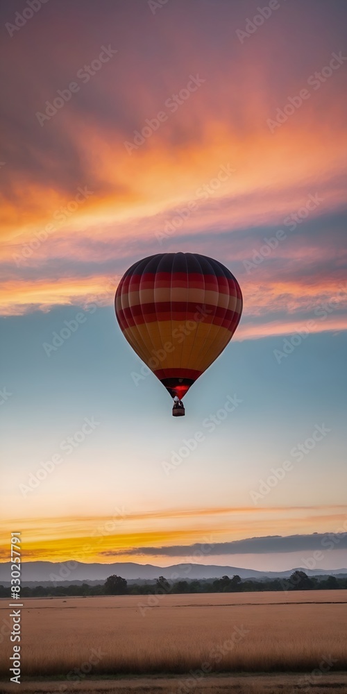 Hot air balloon ride in the sky above landscape at sunrise or sunset. Tourism, travel attraction and adventure concept. Generated AI